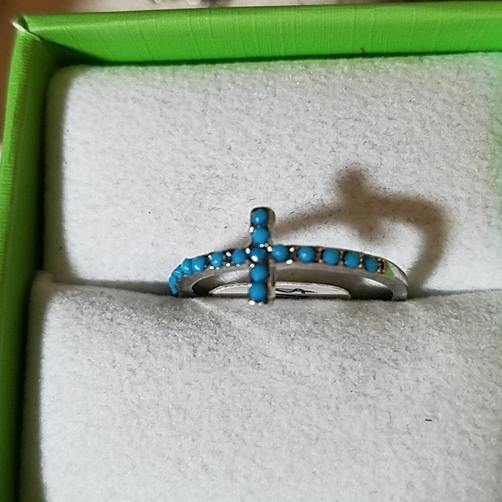 Antique Silver Faux Ring Cross Turquoise